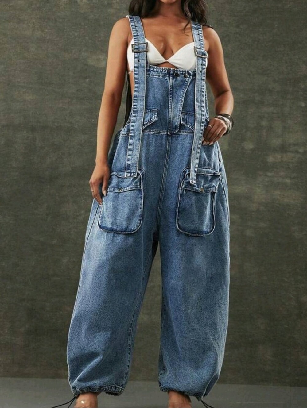 Denim Wide-Leg Overalls - Blue - Picture 1 of 7